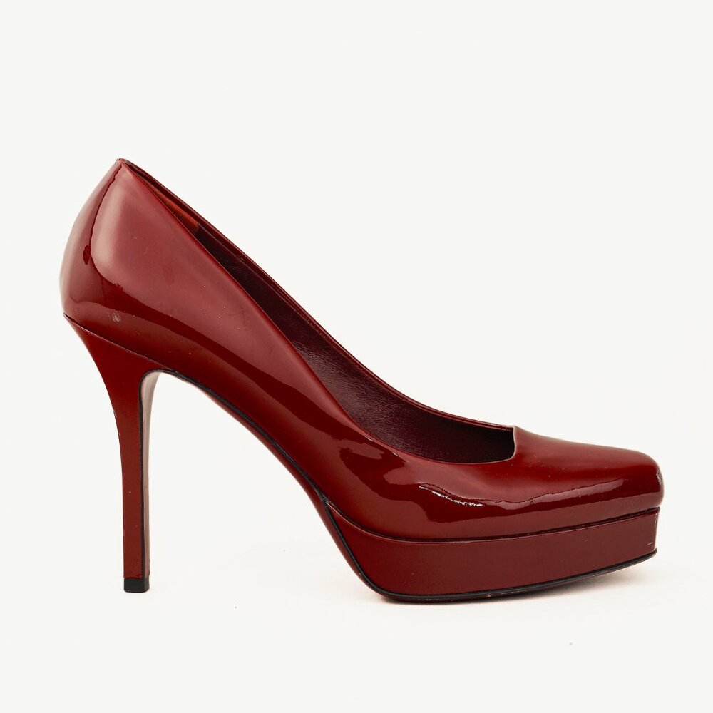 Gucci Burgundy Vernice Crystal Square-Toe Platform Pumps